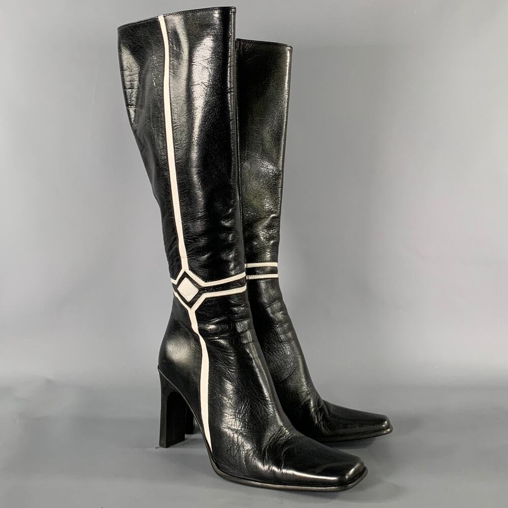 PAOLO IANTORNO Size 6 Black White Leather Geometric Knee Length Boots